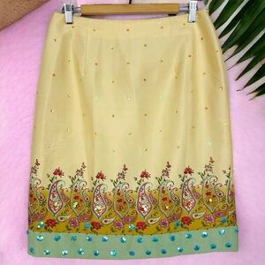 Silk Club Vintage Sequin Shantung Silk Floral Paisley Print Knee Length Skirt 12